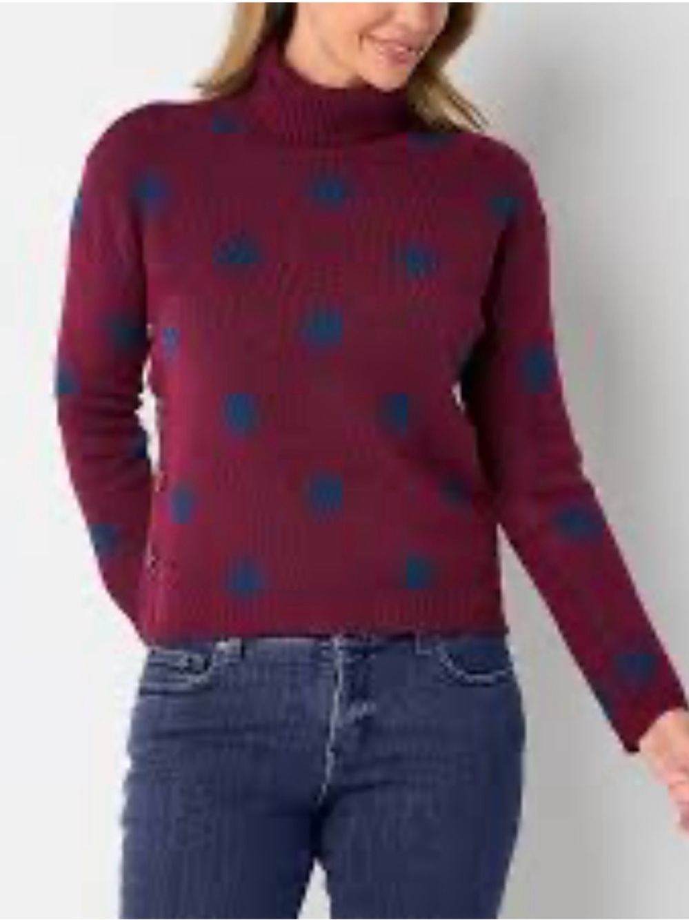 St John’s Bay Women’s Turtleneck Sweater Maroon Navy Polka Dot Button Side Sz L